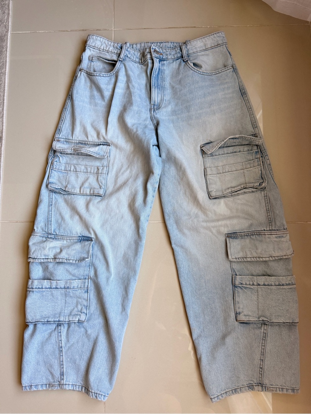Zara Womens Baggy Cargo Jeans Wide Leg High Rise Light Wash 100% Cotton Y2K